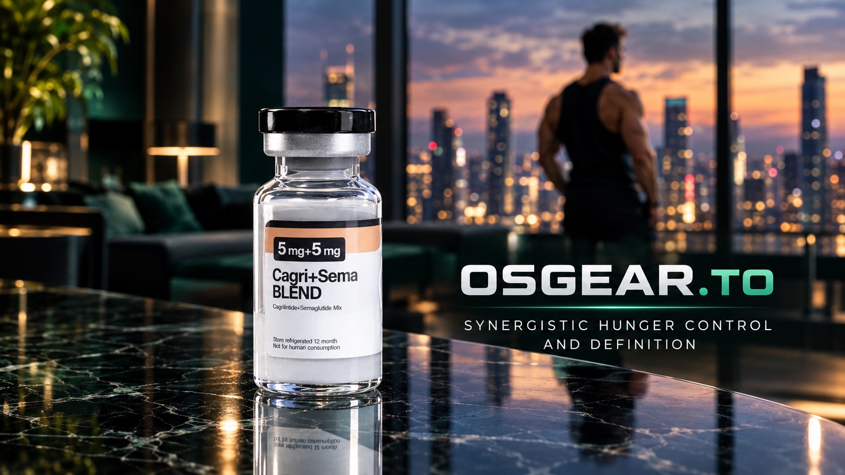 Ultima-Cagri+Sema Blend 5mg+5mg vial on an obsidian table for athletes seeking Ultima-Cagri+Sema Blend 5mg+5mg